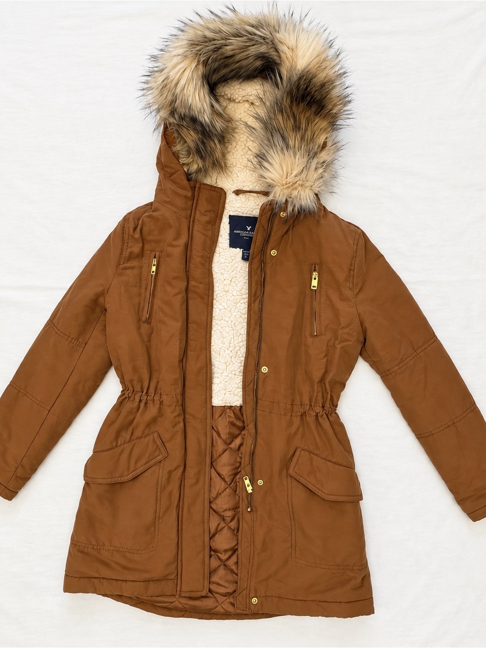 American Eagle Women’s XXS Brown Sherpa Lined Faux Fur Hood Parka Winter Coat